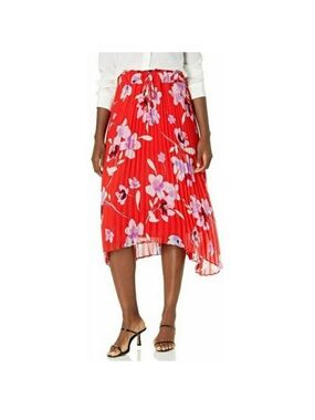 Calvin Klein Red Floral High-Low Pleated Skirt Size Large